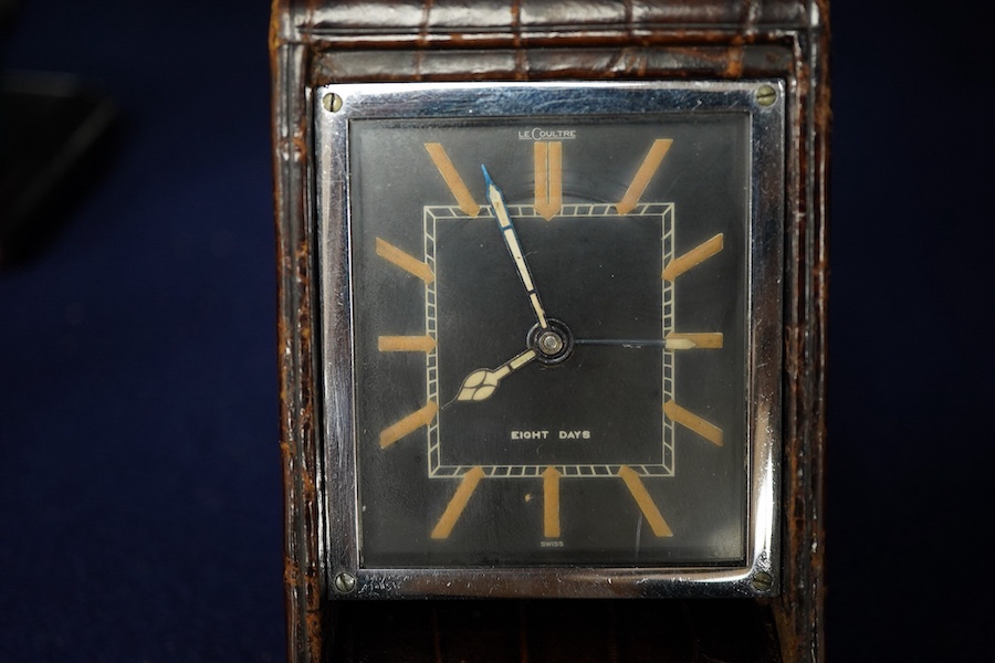 A Jaeger Le Coultre 8 day faux crocodile travelling timepiece